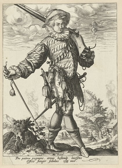 Bewapende musketier met bandelier op de borst. (Atelier van) Hendrick Goltzius, 1585 -1589. Rijksstudio Rijksmuseum